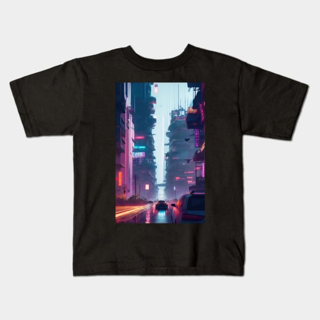 Abstract Cyberpunk City Kids T-Shirt by Voodoo Production